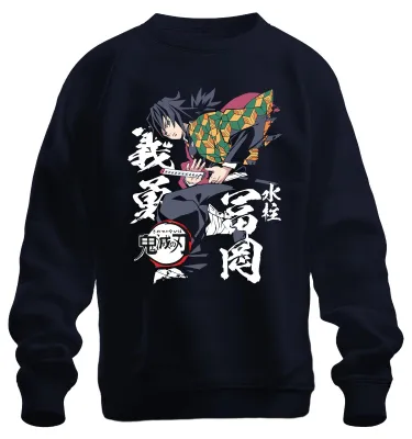 Imagen del producto de Sudadera con cuello redondo, estilo "Kimetsu no Yaiba", con el personaje Giyu Tomioka y el diseño de "Respiración de Agua", color azul marino, talla S
