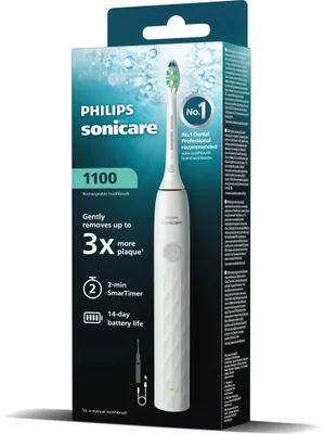 Productafbeelding van Philips Sonicare 1100 serie, model 1100 HX3901/01. Oplaadbare elektrische tandenborstel, voor volwassenen, sonische technologie, voor dagelijks gebruik, 31.000 bewegingen per minuut, wit, 2 minuten, 4 x 30 seconden