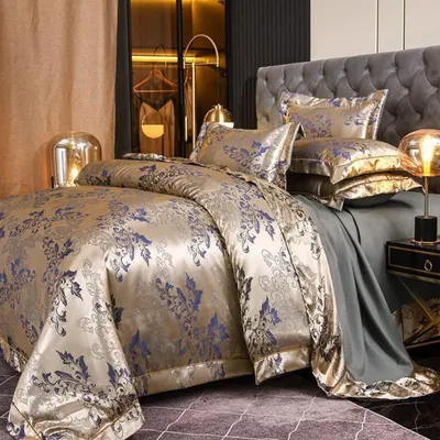 Produktbild von Bettwäsche Satin 200x220 cm Gold Blau Blumenmuster 3-teilig mit 2 Kissenbezügen 80x80 cm