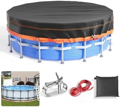 Produktbild von Poolabdeckung Rund 376cm, 12ft Poolabdeckung mit Kordelzug Whirlpool Abdeckung Schwimmbad Lagertank Abdeckplane, Wasserdicht Staubdicht Waschbar Oxford-Gewebe Stabilität Installation Schwarz