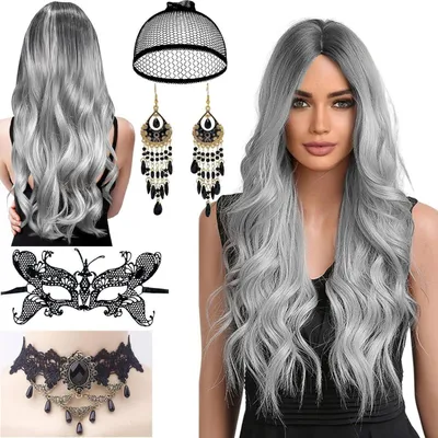 Produktbild von Perücke Damen Lang Grau 68cm Synthetik Fasern mit Haarnetz für Kostüm & Cosplay