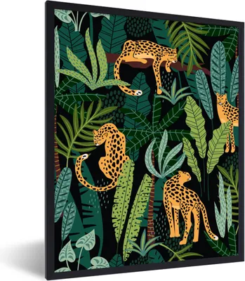 Produktbild von MuchoWow® Gerahmtes Poster Dschungel - Panther - Muster - Jungen - Mädchen - Pflanzen 60x80 cm - Poster mit Schwarzem Bilderrahmen Wandposter Rahmen Foto Bilder - Premium - Wanddeko Wohnzimmer