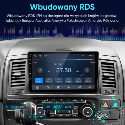 Zdjęcie produktu dla Radio samochodowe Hexinex 9'' z systemem Linux, przeznaczone do samochodów Volkswagen T5 Multivan i Transporter (lata produkcji 2008-2015). Posiada funkcje: CarPlay (bezprzewodowe), Bluetooth, tuner FM, sterowanie z kierownicy oraz moduł WiFi