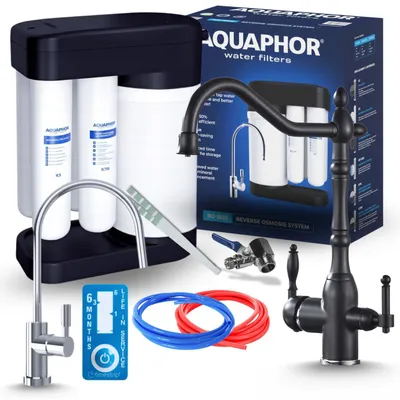Produktbild von Aquaphor Morion Ro100S Umkehrosmoseanlage Mit Ari Retro 2 3-Wege-Küchenarmatur Schwarz, 5 L Tank, 375 L/Tag Wasserfilter