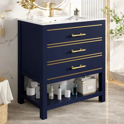 Produktbild von Flieks Badezimmerschrank mit Keramikbecken, 2 Schubladen & offenem Fach, Freistehende Badmöbel mit goldene Griffe, Schwarz+Blau