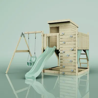 Produktbild von OutdoorToys Spielturm Alma aus Holz in Grün Mintgrün, mit Babyschaukel
