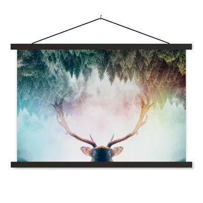 Produktbild von MuchoWow® Textilposter Hirsch - Geweih - Wald - Nebel 60x40 cm mit schwarzem Rahmen - Hölzernes