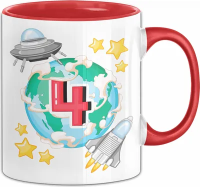 Produktbild von 4. Geburtstag Geschenk Tasse Becher Jungs Mädchen Ufo Welt Galaxie  (Rot)