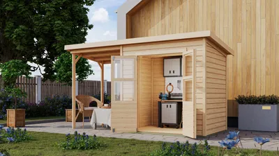 Produktbild von Karibu Gartenhaus Gerätehaus Merseburg 3 mit Anbaudach naturbelassen 370x154x219 cm