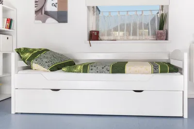 Produktbild von Einzelbett / Stauraumbett "Easy Premium Line" K1/h/s inkl. 2. Liegeplatz und 2 Abdeckblenden, 90 x 200 cm Buche Vollholz massiv weiß lackiert