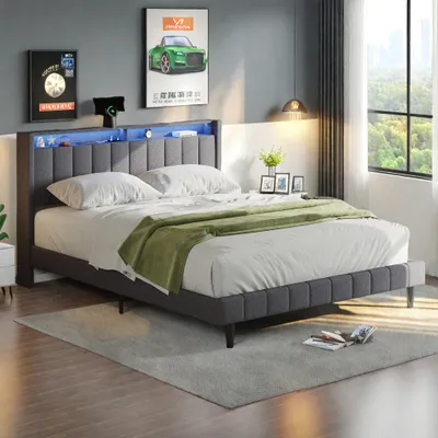 Produktbild von ProximaX Polsterbett 160x200cm, Doppelbett mit Stauraum Kopfteil, Hydraulisches Bett mit LED und USB Anschlüssen, Boxspringbett Jugendbett, Leinen, Grau