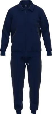 A navy blue tracksuit consisting of a jacket and pants, displayed on a white background.