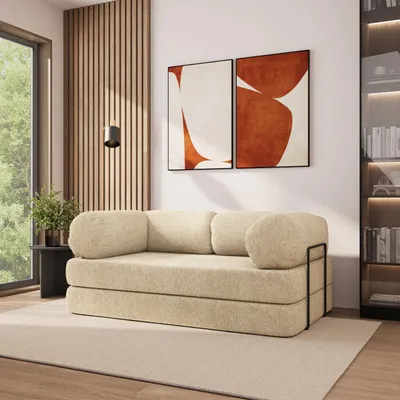 Produktbild von Masseno Schaumstoffsofa EIREN mit Schlaffunktion, Schlafsofa, Wohnzimmersofa, Couch, Sofa, Bettsofa, Bucle-Stoff – Creme QUELLE 02