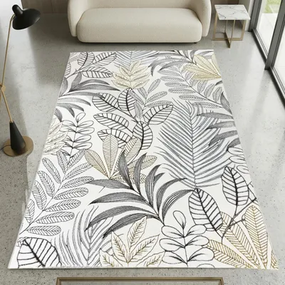 Produktbild von Kurzflorteppich Creme Blätterdesign mit Glanzoptik modern strapazierfähig für Wohnzimmer und Schlafzimmer Größe - 120 x 170 cm