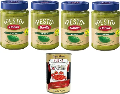 Produktbild von Barilla Pesto Di Basilico Vegan Condimento e Sugo per Pasta Veganes Basilikum-Pesto-Gewürz und Pastasauce 4x190 g+ Italian Gourmet polpa 400g