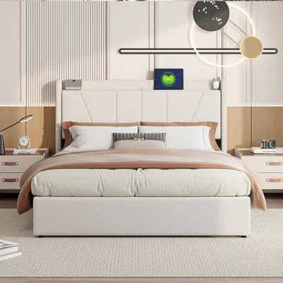 Image de Lit coffre 140x200 avec USB et Type C, lit rembourré avec sommier à lattes, lit double, beige