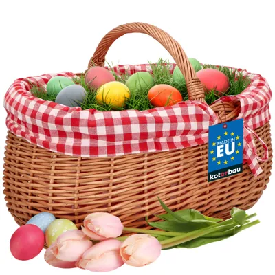 Produktbild von KOTARBAU® Weidenkorb mit Henkel 46x32x33cm Korb mit Henkel Einkaufskorb mit rot karierter Stoffeinlage Pilzkorb Erntekorb Natürlich Weide Braun