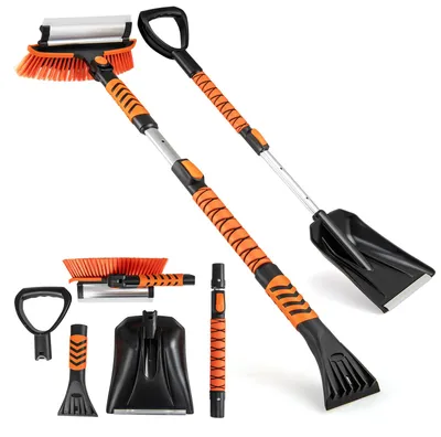 Zdjęcie produktu dla Skrobaczka do lodu COSTWAY z miotełką, wysuwaną trzepaczką 4 w 1 z głowicą obracającą się o 180°, dwustronną szczotką i 3-stopniowym regulowanym drążkiem