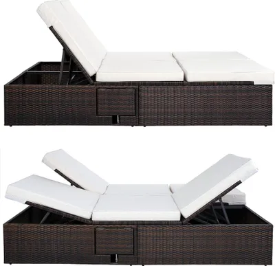Produktbild von CASARIA® Sonnenliege 2 Personen mit Klapptisch 7cm Auflagen Wetterfest Gartenliege 400kg Belastbar Liegestuhl Verstellbar Braun Creme 196x116cm