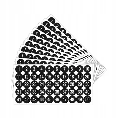 A stack of sheets of round stickers with numbers printed on them.