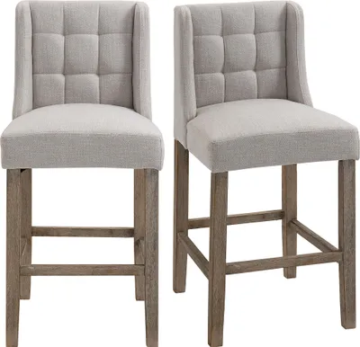 Image de Fortuna Lai Lot de 2 tabourets de bar avec dossier Chaises de bar avec capitonnage à boutons, bois massif, repose-pieds inclus, 47 cm x 50 cm x 101 cm, gris + naturel