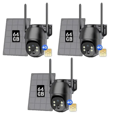 Produktbild von 3 Pack Solarpanel, 2K+ 3MP 4G LTE Batterie Überwachungskamera , Schwenken & Neigen, Kein-WiFi, SIM-Kartenslot, 64GB SD Karte