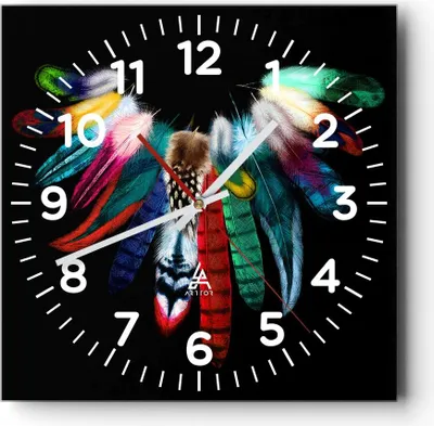 Produktbild von Wanduhr - Quadrat - Glasuhr - Vogel Feder Farbe Komposition - 30x30cm - Schleichendes Uhrwerk - Lautlos - zum Aufhängen bereit - Dekoration Modern - Wanddekoration aus Glas - C4AC30x30-2932