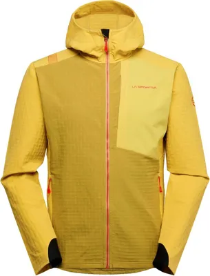 Gelbe Midlayer Jacke "Descender Storm Jkt M" von La Sportiva mit Kapuze und Reißverschluss.