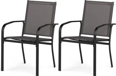 Produktbild von KOMFOTTEU Set mit 2 stapelbaren Gartenstühlen, Outdoor-Stühle aus Textilene mit Metallrahmen, Esszimmerstuhl mit hoher Rückenlehne und Armlehnen, Belastung 150 kg, 58 x 61 x 89 cm, Grau (2)