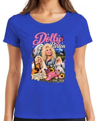 Zdjęcie produktu dla Dolly Parton, ikona country, piosenkarka, 1946-2026, koszulka damska "Rainbow Nashville", niebieska, rozmiar L