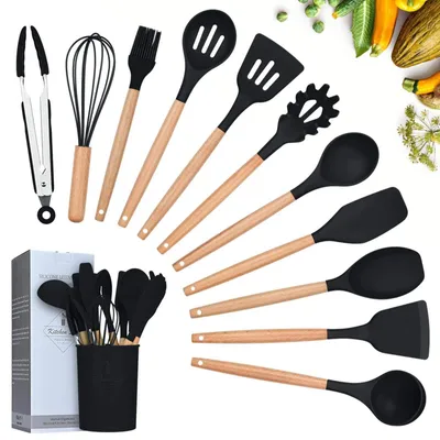 Immagine prodotto di Set di 12 utensili da cucina con manici in legno
