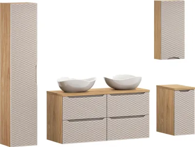 Zdjęcie produktu dla Zestaw Łazienkowy 120 Cm Z Dwiema Umywalkami – Dąb + Frez Beż