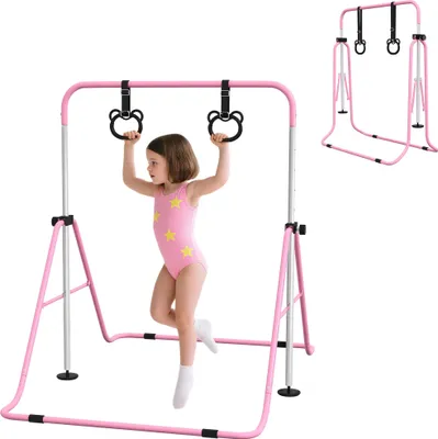 Obrázek produktu pro Dětská gymnastická vodorovná tyč - Nastavitelná výška 5 stupňů - S kruhy - Skládací - Pro domácnost - Ocelový rám - Růžová barva