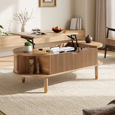 Image de Table basse Merax avec plateau relevable à hauteur réglable, table d'appoint pour canapé avec 2 portes coulissantes et façade rainurée, table de salon avec espace de rangement, en MDF, finition naturelle