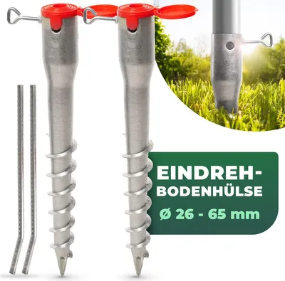 Produktbild von Novatool 2x Eindrehbodenhülsen-Set für Rohre mit Ø 26 - 65 mm, Bodenhülse Sonnenschirm Pfostenträger Einschraubhülse Boden Schraubhülse, Alternativ zu Bodeneinschlaghülse Einschlagbodenhülse