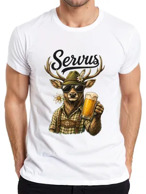 Produktbild von Servus Hirsch Bayern  Bier Tracht Lederhose Dirndl Herren T-Shirt, Weiß, XL
