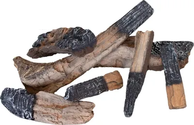 A pile of ceramic logs designed to look like burnt wood, likely for a fireplace.