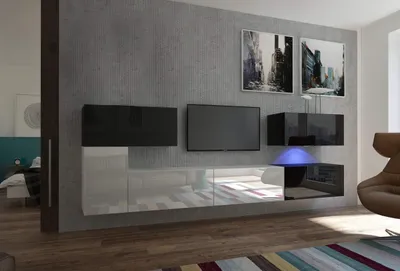 Produktbild von Furnitech Wohnwand Wohnzimmer - Hängend Wohnwand Modern - Regale und TV Schrank - Wohnzimmer Möbel ohne LED (AN12-18BW-HG3 1A)