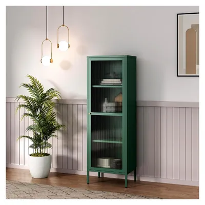 Produktbild von Vitrinenschrank Säkylä Bücherschrank mit 4 Ablagen 150 x 50 x 35 cm Küchenschrank mit 1 Tür Mehrzweckschrank Vitrine Metallschrank Tannengrün