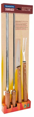 Produktbild von Tramontina CHURRASCO Barbecue-Set, 4-tlg., Tranchier-Set, Grillspieße, Tranchiermesser, Tranchiergabel, Edelstahl / Holz, 92000-006