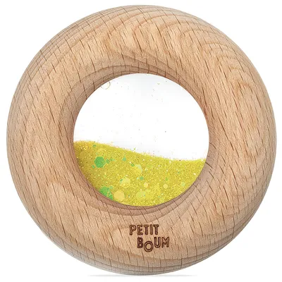 Produktbild von Sensorische Baby Rassel Holz - 7 x 7 x 2 cm - Gelb | by Petit Boum