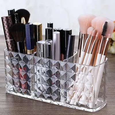 Produktbild von Kosmetik Organizer, 3 Fächern Kristall Makeup Pinsel Halter für Eyeliners Lippenstift Wimperntusche, Acryl Schminkaufbewahrung für Badezimmer Schlafzi