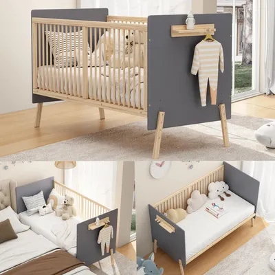 Produktbild von Merax Babybett 70x140cm, Gitterbett mit Regale, Haken, Verstellbares Kinderbett mit Drei-stufiger Höhenverstellung, Umwandelbar in Nebenbett, Natur