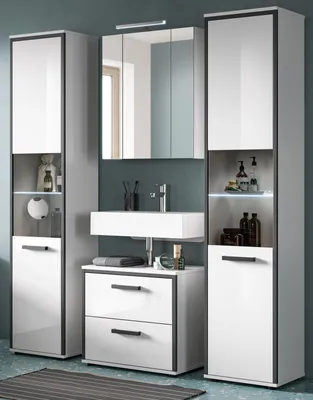 Produktbild von Badmöbel Set 4-teilig "Telly" in weiß Hochglanz und grau Badkombination 170 x 188 cm