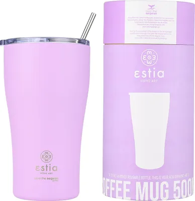 Image de ESTIA | Mug isolant - 500 ml - mug isotherme violet - avec couvercle étanche et paille