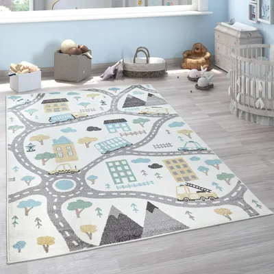 Produktbild von Kinderteppich Teppich Kinderzimmer Spielteppich Pastell Autos Creme Petrol Grau Grösse 133x190 cm
