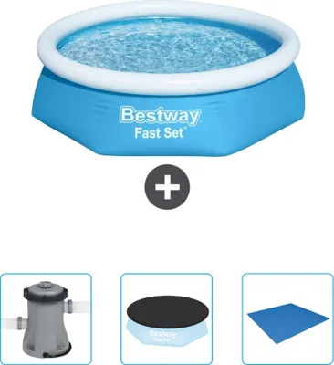 Produktbild von Bestway runder aufblasbarer Fast-Set-Pool – 244 x 61 cm – Blau – im Lieferumfang enthalten Pumpe - Abdeckung - Bodenplane