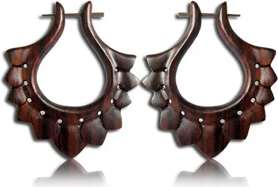 Produktbild von viva-adorno Holz Ohrringe geschnitzt Holz Creolen Pin Ohr Piercing Ethno Tribal Blüten Blätter CC470A