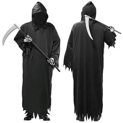 Imagen del producto de TRANKIELO® - Disfraz de Segador para hombres, con capucha, máscara facial y guadaña. Disfraz de Halloween espeluznante para adultos