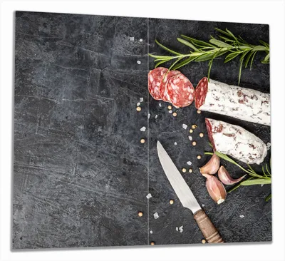 Produktbild von Wallario Herdabdeckplatte aus Glas, Größe 60 x 52 cm 2-teilig, Motiv Salami, Rosmarin und Knoblauch